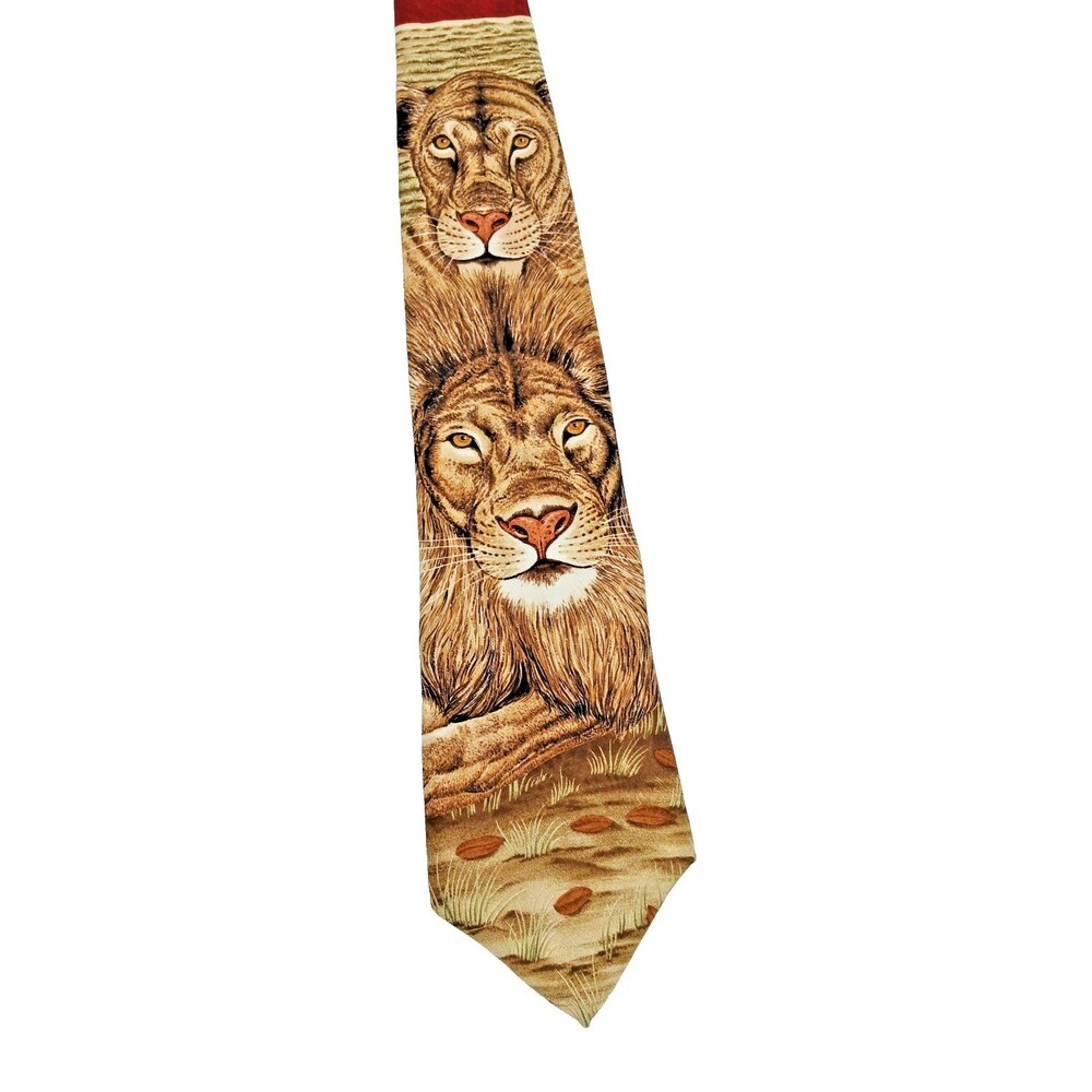 Vtg 1995 Marc Dennis Wild Kingdom Dynamic Lion Duo Made in USA 100% Silk 58"x4"